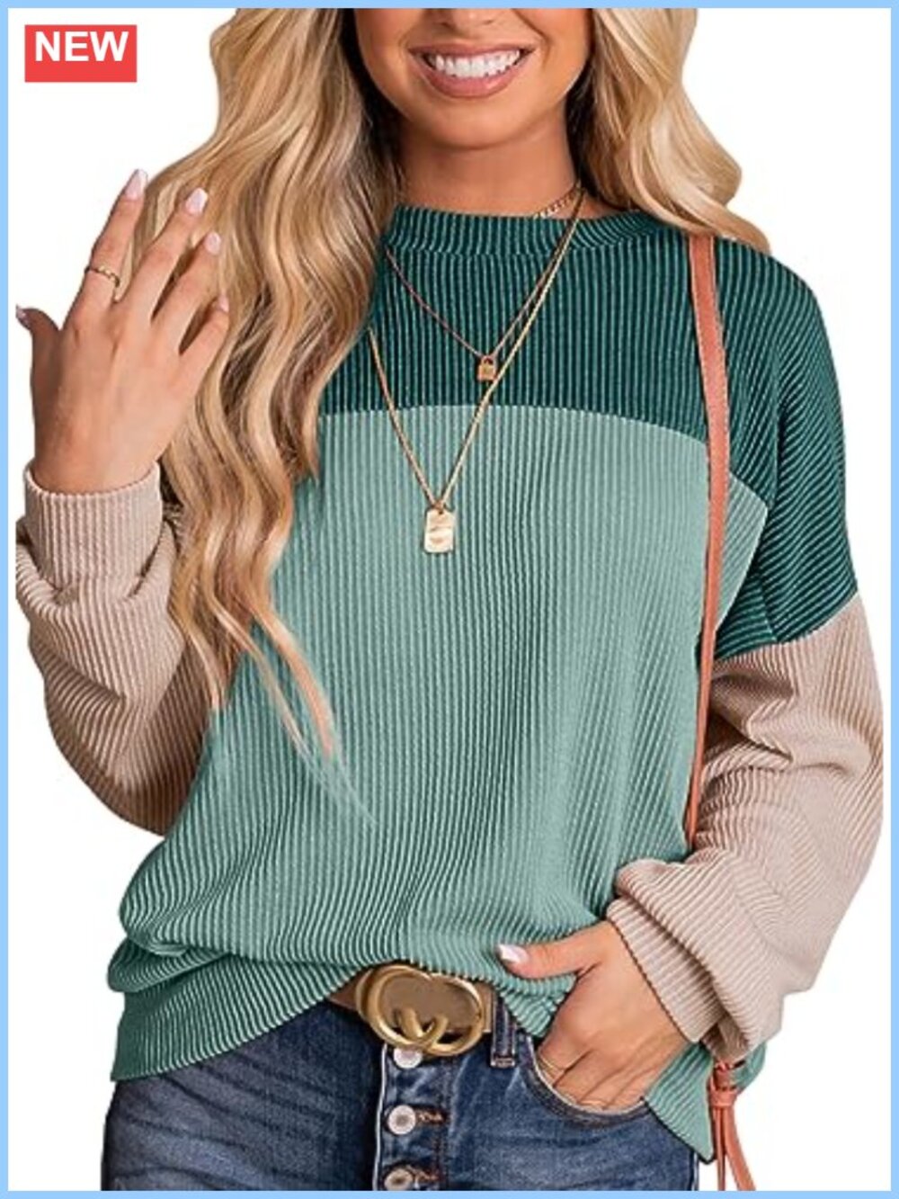 Color Block Long Sleeve Knit Crewneck Blouse Drop Shoulder Loose Fit
